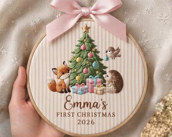 Personalized Woodland Animals Ornament, Embroidered Hedgehog Baby First Christmas Name Hoop, Baby 1st Christmas Ornament, Baby Shower Gift