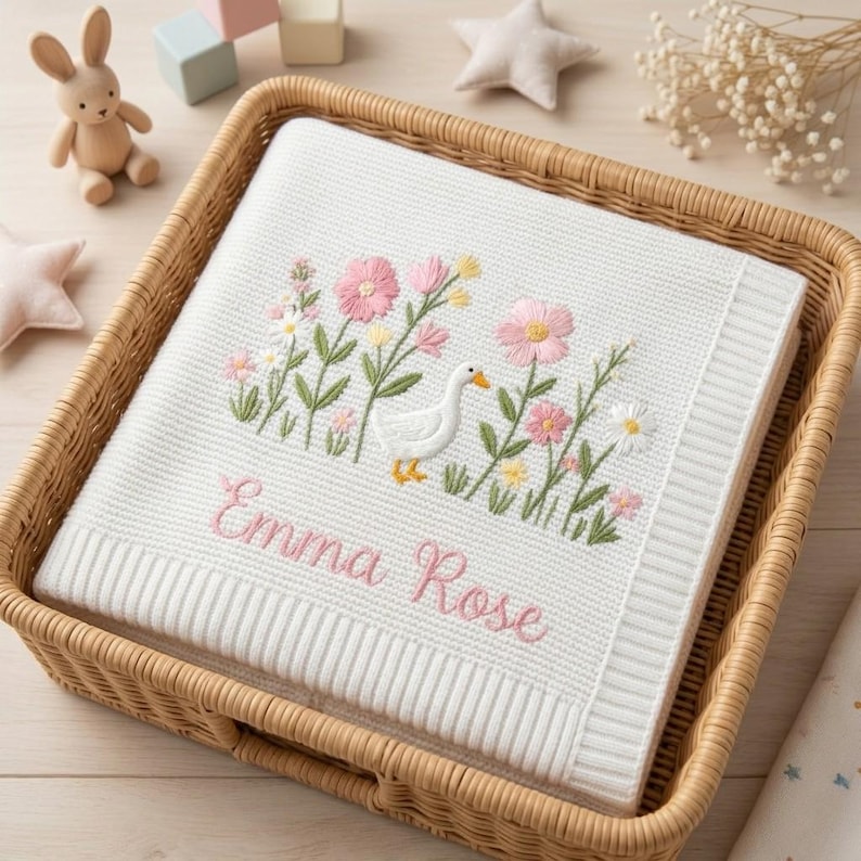 May include: A white knitted baby blanket featuring an embroidered design of a white goose surrounded by pink and yellow flowers with green stems. The name Emma Rose is embroidered in pink cursive script below the floral and goose illustration.
