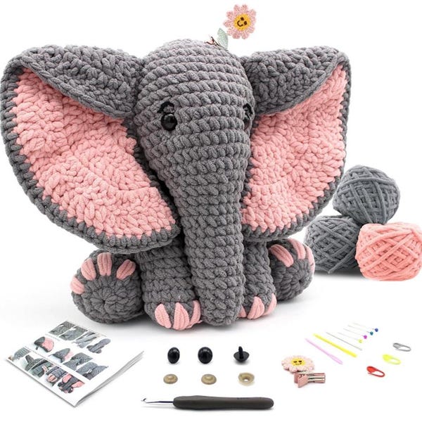 Crochet Elephant Kit for Beginners – Amigurumi DIY Starter Kit with Video Tutorial, Easy Yarn Craft Gift for Kids & Adults