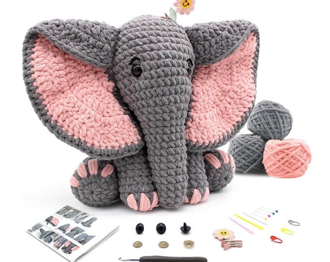 Crochet Elephant Kit for Beginners – Amigurumi DIY Starter Kit with Video Tutorial, Easy Yarn Craft Gift for Kids & Adults