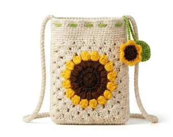 Crochet Phone Bag Kit for Beginners – Sunflower Crossbody Pouch DIY Starter Kit with Step-by-Step Video Tutorial, Cute Gift