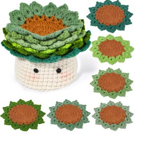 May include: A crocheted succulent plant with a smiling face, featuring layers of green leaves and a brown center. Several matching crocheted coasters are also visible, each with a similar design. The items are handmade and suitable for home decor.