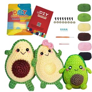 May include: A DIY Handcrafts kit with crochet avocado plushies. The kit includes yarn in various colors, crochet hooks, safety eyes, and a starter pack. The finished avocado plushies have smiling faces and are in various stages of completion.