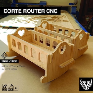 Digitaler Entwurf einer Schaukelwiege für Puppen - DXF-Datei zum CNC-Fräsen - Babywiege - Nenuco-Schaukelstuhl - Montessori-Spielzeug