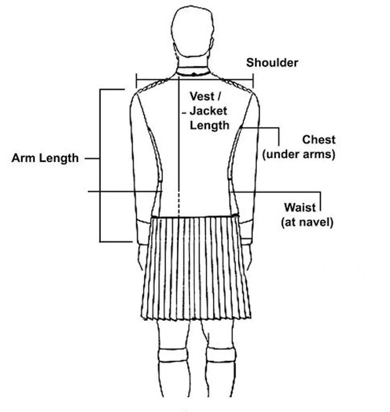 Peut inclure: Sch&eacute;ma illustrant les mesures de v&ecirc;tements. Les &eacute;tiquettes indiquent la longueur des bras, la largeur des &eacute;paules, la longueur du gilet/de la veste, la poitrine (sous les bras) et la taille (au nombril). La figure porte une veste et une jupe pliss&eacute;e.