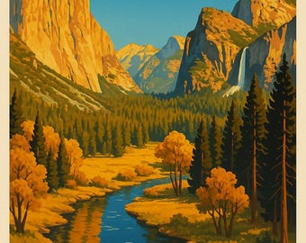 Yosemite National Park Vintage Poster Printable | WPA Style California Wall Art | Retro Nature Landscape Digital Download