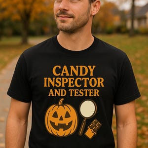 Koszulka z nadrukiem "Candy Inspector" na Halloween, zabawny kostium rodzica "Cukierek albo psikus", zabawna koszulka na Halloween, koszulka z grafiką z dynią, "Cukierek albo psikus"