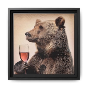 Bear with Wine Glass Framed Canvas Art, Whimsical Home Decor for Animal Lovers, Unique Wall Art, Perfect Gift for Birthdays