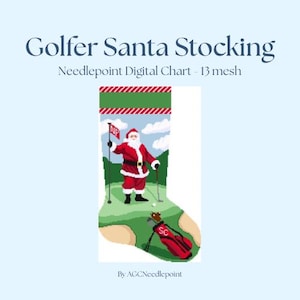 May include: A needlepoint digital chart for a Christmas stocking featuring Santa Claus playing golf. The design includes Santa in a red suit, a golf bag, and a green golf course. The text "Golfer Santa Stocking" is at the top.