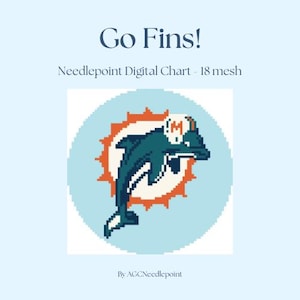 May include: Digital needlepoint chart featuring a pixelated teal dolphin leaping through an orange sunburst on a light blue background. The text "Go Fins!" is above the image. The chart is 18 mesh.