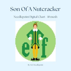 Puede incluir: Gráfico digital de punto de aguja titulado "Son Of A Nutcracker". La imagen presenta un diseño pixelado de un personaje con un disfraz de elfo verde y amarillo, sobre un círculo verde. Se muestra la palabra "elf". El gráfico es de 18 mallas.