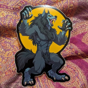 May include: A sticker of a blue werewolf with yellow eyes, snarling and standing on its hind legs in front of a yellow full moon.