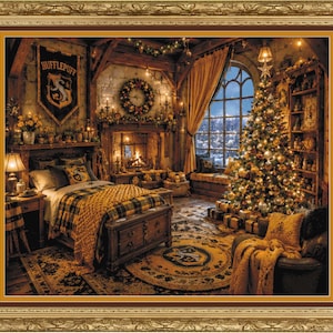 May include: A bedroom scene featuring a Hufflepuff banner on the wall, a bed with yellow and black plaid bedding, a lit Christmas tree, a fireplace, and a circular rug with a crest, all enclosed within a decorative gold-toned frame.