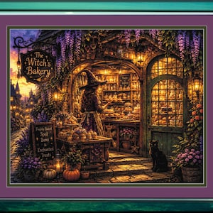Op de afbeelding: Een ingelijste wandkunstprint met een bakkerij en een bord met de tekst The Witch's Bakery. Een figuur met een puntmuts staat tussen de schappen, met een bord buiten waarop staat Freshly Baked Spell Buns & Enchanted Treats.