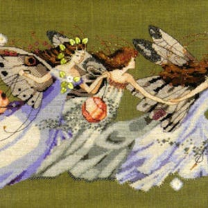 May include: Cross-stitch artwork featuring three fairies with butterfly wings and flowing gowns in shades of white, gray, and lavender. They are holding strings of orange and pink orbs against a green background.