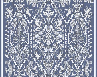 May include: A detailed, symmetrical design in white on a blue background. The pattern features stylized animals, floral motifs, and geometric shapes, creating a complex and ornate visual texture. The design includes the numbers "2018".