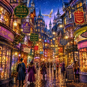 Op de afbeelding: Een gedetailleerde illustratie van een drukke tovenaarsstraat 's nachts, met winkels zoals Slug & Jiggers, Madam Malkin's, Flourish & Blotts en Honeydukes. Mensen in mantels lopen op een kasseienpad onder een sterrenhemel met een vliegende uil.