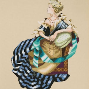 May include: A cross-stitch design of a woman in a period dress, viewed in profile. The dress features black and blue striped fabric, with accents of teal and gold. The woman wears a pearl necklace and a decorative headpiece.