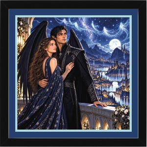 May include: A framed wall art print depicting a couple with dark wings standing on a balcony overlooking a fantasy city at night. The woman wears a navy blue gown with star patterns, and the man wears a black tunic with silver embroidery.