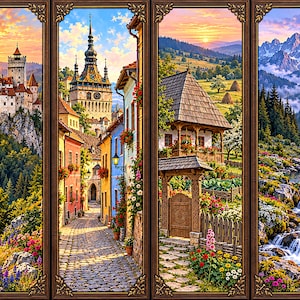 Puede incluir: Un conjunto de cuatro paneles de arte mural con escenas de paisajes verticales. Los paneles muestran un castillo en una colina al atardecer, una calle empedrada con edificios coloridos, una casa de madera rústica y un arroyo de montaña.