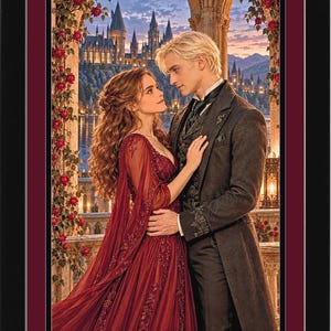 May include: A framed print featuring a person with long wavy brown hair in a deep red lace gown standing beside a person with short blonde hair in a dark charcoal suit. They are positioned on a stone balcony with red roses and a castle background.