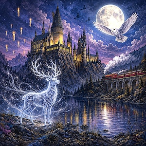 Puede incluir: Una ilustración de fantasía con un ciervo blanco brillante y translúcido sobre una orilla rocosa. Al fondo, un gran castillo se alza sobre un acantilado, un tren de vapor cruza un puente de piedra y un búho blanco vuela bajo la luna llena.