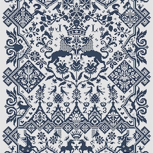 May include: A navy blue and white cross-stitch pattern featuring a symmetrical design with floral, animal, and geometric motifs. The central design includes two crowned lions, birds, and the numbers 2023.