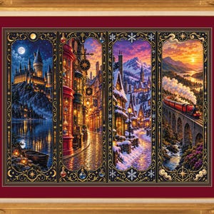 May include: A framed wall art piece featuring four vertical panels depicting fantasy landscapes. The scenes include a moonlit castle, a cobblestone street with storefronts, a snow-covered village, and a steam train crossing a stone bridge.