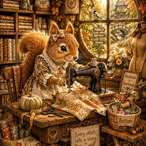 Könnte beinhalten: Ein Eichhörnchen in einem Blumenkleid mit Schleife sitzt an einem Holztisch und benutzt eine schwarze Vintage-Nähmaschine, um gemusterten Stoff zu nähen. Die Szene enthält einen Korb mit Knöpfen, ein kürbisförmiges Nadelkissen und Schilder mit der Aufschrift Stitched with Love, Handmade is Heartmade und Every stitch tells a story.