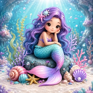 Puede incluir: Una figura de sirena con largo cabello ondulado morado, una cola degradada en turquesa y morado, y un top de concha. El personaje está sentado sobre una roca oscura rodeado de corales coloridos, varias conchas, una estrella y perlas.