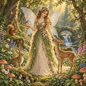May include: A fairy with long wavy hair and translucent wings wears a floor-length gown adorned with green leaves and pink flowers. The figure stands in a forest clearing surrounded by a squirrel, a rabbit, a fawn, and various wildflowers.