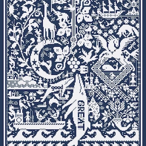 Puede incluir: Un patrón de punto de cruz azul marino y blanco con varios elementos caprichosos. El diseño incluye una jirafa, una ballena, un velero y las palabras "good" y "great". El borde es una serie de estrellas y olas blancas.