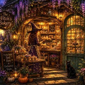 Könnte beinhalten: Eine Bäckerei mit einem Schild The Witch's Bakery und einer Kreidetafel mit der Aufschrift Freshly Baked Spell Buns & Enchanted Treats. Eine Person in einem violetten Kleid und spitzem Hut steht darin, ein schwarzer Kater sitzt vor der Tür.