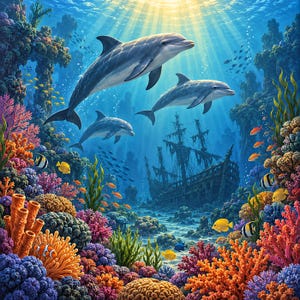 May include: Three grey dolphins swim through a vibrant underwater scene featuring a sunken wooden ship, colourful coral reefs in shades of orange, pink, and purple, and various small tropical fish under bright sunlight rays.
