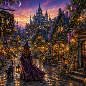 Könnte beinhalten: Eine Fantasy-Illustration einer gepflasterten Straße im The Village of Witches mit einer Person in einem violetten Gewand und spitzem Hut, die eine Laterne hält, einer schwarzen Katze, leuchtenden Ladenfronten, Glyzinien und einem Schloss im Abendrot.