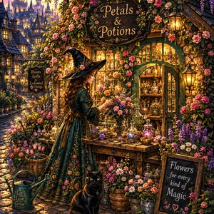 Könnte beinhalten: Eine Person in einem dunkelgrünen Blumenkleid und spitzem Hut vor einem Laden namens Petals & Potions, umgeben von Blumen und Glasflaschen. Eine schwarze Katze sitzt auf dem Kopfsteinpflaster neben einer grünen Gießkanne und einem Schild mit der Aufschrift Flowers for every kind of Magic.