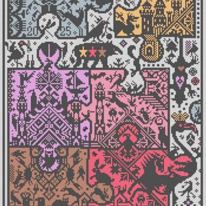 Peut inclure: Un motif de point de croix détaillé avec une disposition en grille, présentant des formes géométriques et des motifs animaliers. La conception utilise une variété de couleurs, dont le rose, le jaune, le marron et le gris, créant une œuvre complexe et artistique.