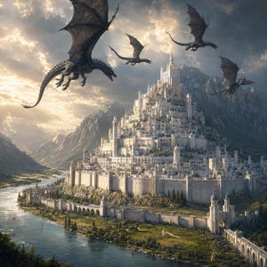 Puede incluir: Un gran castillo de piedra blanca con múltiples torres y muros altos se asienta al pie de una cordillera junto a un río. Cuatro dragones alados oscuros vuelan en el cielo sobre el castillo, iluminado por una suave luz solar dorada.