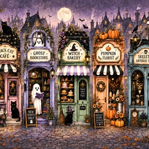 May include: A row of five whimsical storefronts at night under a full moon. The shops are labeled Black Cat Cafe, Ghost Bookstore, Witch Bakery, Pumpkin Florist, and Skeleton Antique Store. Each shop features themed decor, including cats, ghosts, pumpkins, and skeletons, set against a dark, autumnal street scene with bare trees.