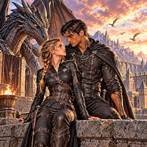 May include: A fantasy illustration featuring two figures in black leather armor with belts and buckles, standing before a large dark dragon. The scene includes a stone castle, a burning fire pit, and smaller dragons flying in a sunset sky.