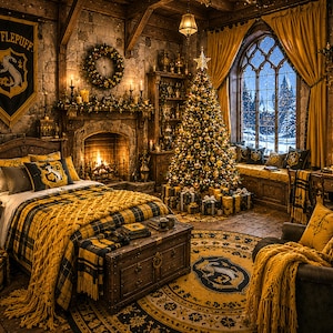 May include: A bedroom interior featuring a Hufflepuff banner, a bed with a yellow and black plaid blanket and chunky knit throw, a fireplace, a decorated Christmas tree with gifts, a round rug with a badger crest, and a dark armchair with a throw.