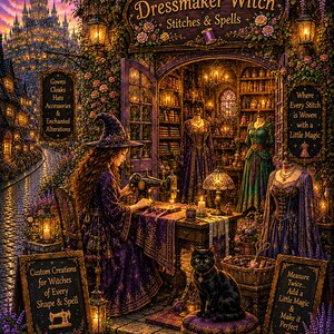 以下が含まれることがあります： The Dressmaker Witchという店でテーブルに向かって裁縫をする魔女のファンタジーイラスト。紫色のクッションの上に黒猫が座っている。店内にはドレス、マント、帽子が飾られ、Custom Creations for Witches of Every Shape & SpellやMeasure Twice... Add a Little Magic & Make it Perfectと書かれた看板がある。