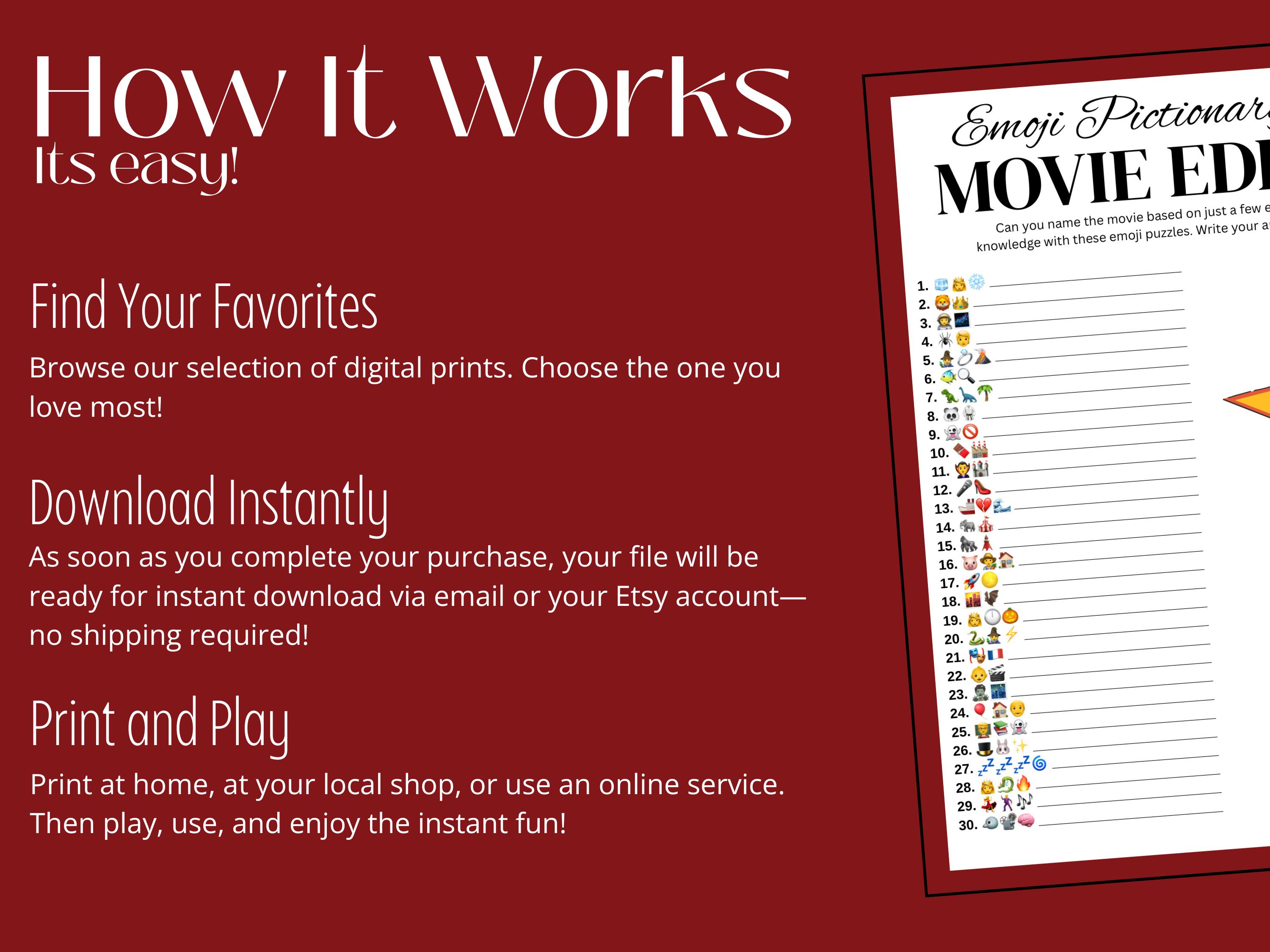 Emoji Movie Pictionary: Printable Party Game (PDF Download, 30 Clues ...