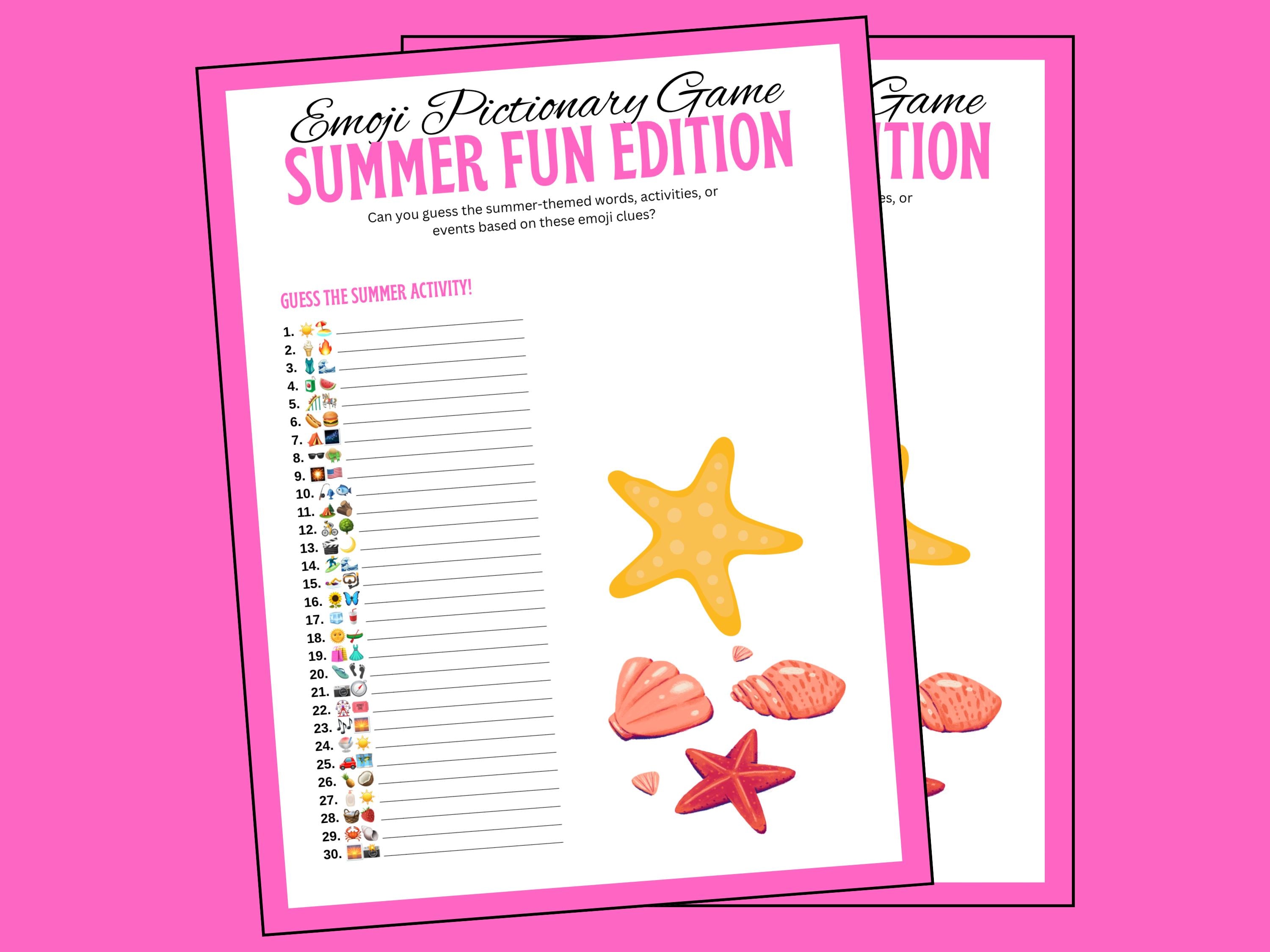Emoji Pictionary Summer Edition | Printable Party Game with 30 Summer-Themed Emoji Clues
