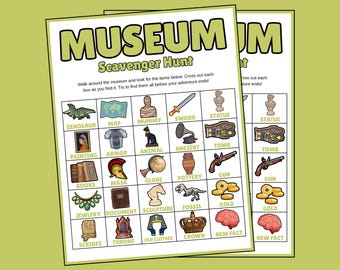 May include: Two printable museum scavenger hunt sheets. The sheets have a green border and feature a grid of illustrated items like a dinosaur, map, mummy, sword, and statue. The title "MUSEUM Scavenger Hunt" is at the top.