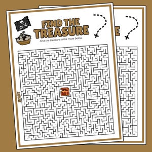 May include: Two pirate-themed maze puzzles. The text "FIND THE TREASURE" is at the top, with a pirate ship and flag illustration. The maze leads to a treasure chest. The start is marked on the left.