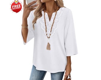 3/4 Sleeve Boho V Neck Lace Top Women’s Trendy Blouse, Dressy Casual Vacation Shirt