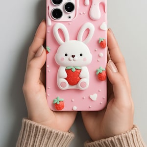 Cute Bunny Strawberry Phone Case, Kawaii Phone Cover, Animal Lover Gift, Spring Accessories, Easter Present, Pastel Aesthetic
