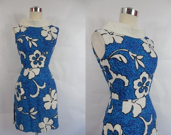 1960's Vintage Blue and White Hilo Hattie Hawaiian Tiki Mod Hibiscus Mini Dress