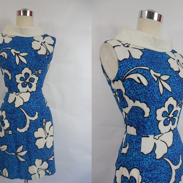 1960's Vintage Blue and White Hilo Hattie Hawaiian Tiki Mod Hibiscus Mini Dress